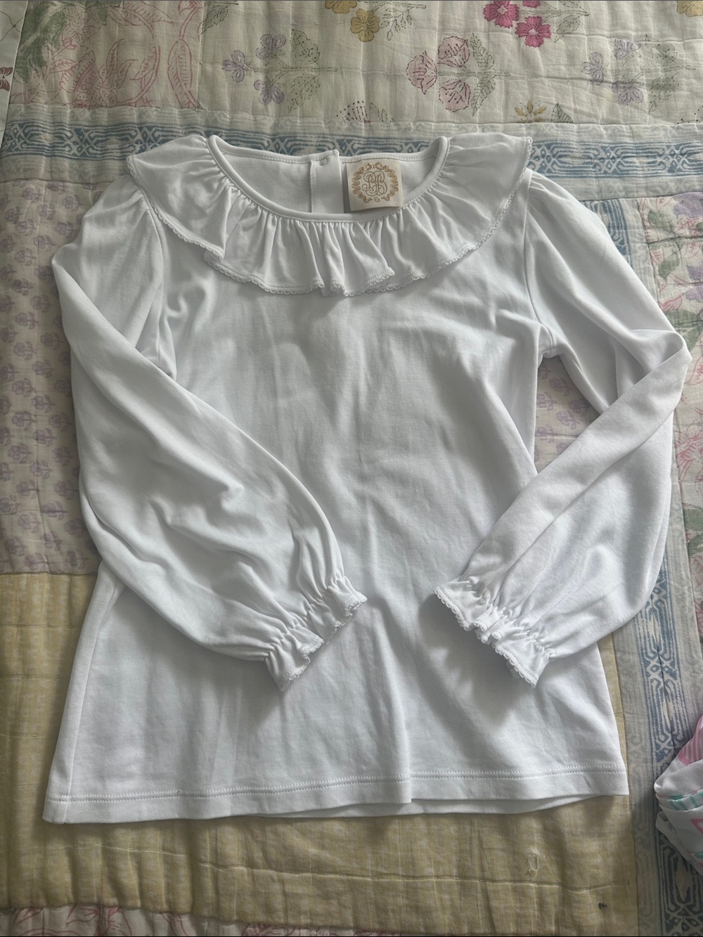 The Beaufort Bonnet Company White Ruffle Collar Long-Sleeve Top